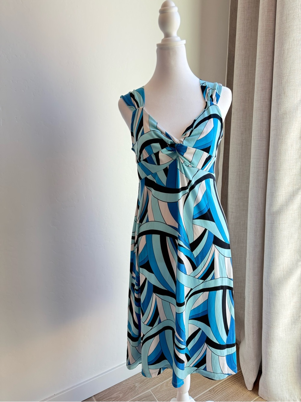 Blue Multi-Print Twisted Bodice Midi Dress